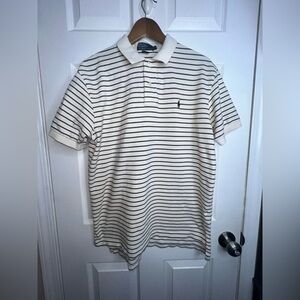 Polo Ralph Lauren Men's Large Ivory Brown Striped Cotton Knit Polo Shirt Logo L